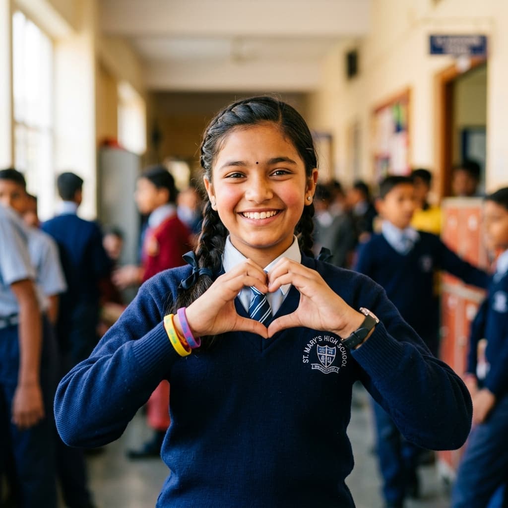 Student making heart gesture